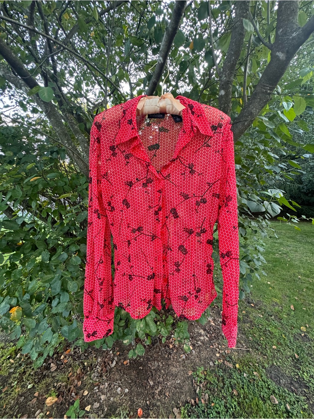 New York & Company Red Floral Button-Down Blouse